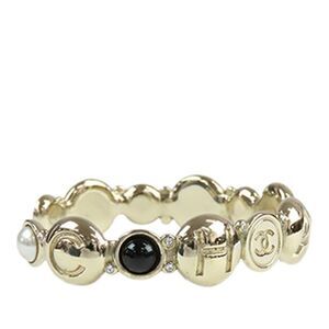 Chanel Gold Plated Faux Pearl And Resin Cc Cuff Bangle Bracelet